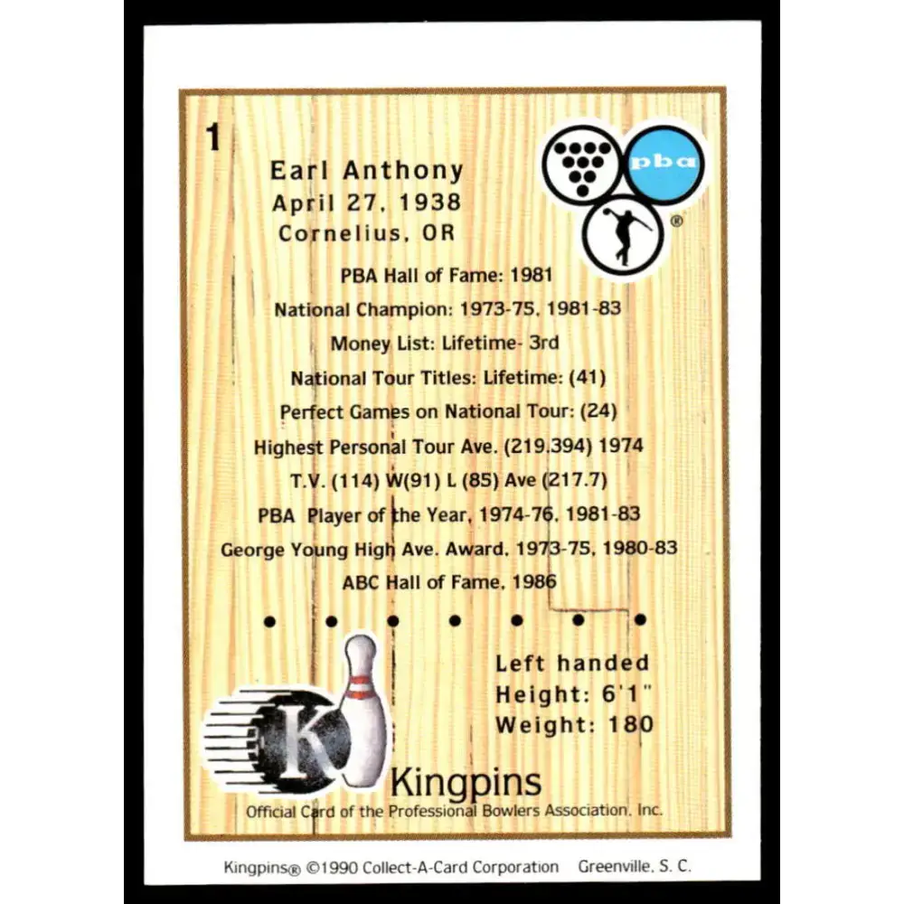 1990 Kingpins #1 Earl Anthony NM-MT PBA Bowling Card - Other