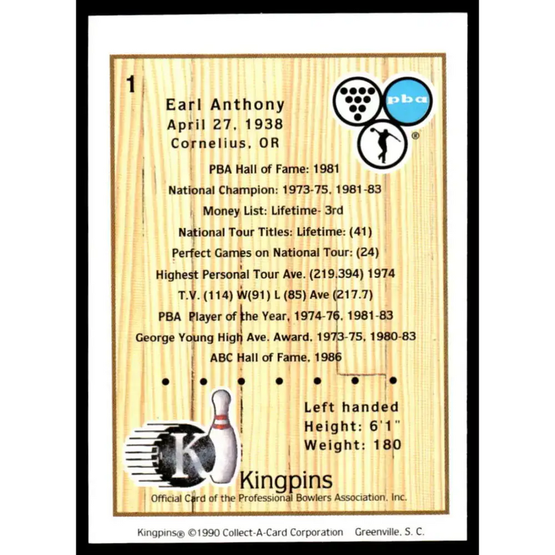 1990 Kingpins #1 Earl Anthony NM-MT PBA Bowling Card - Other