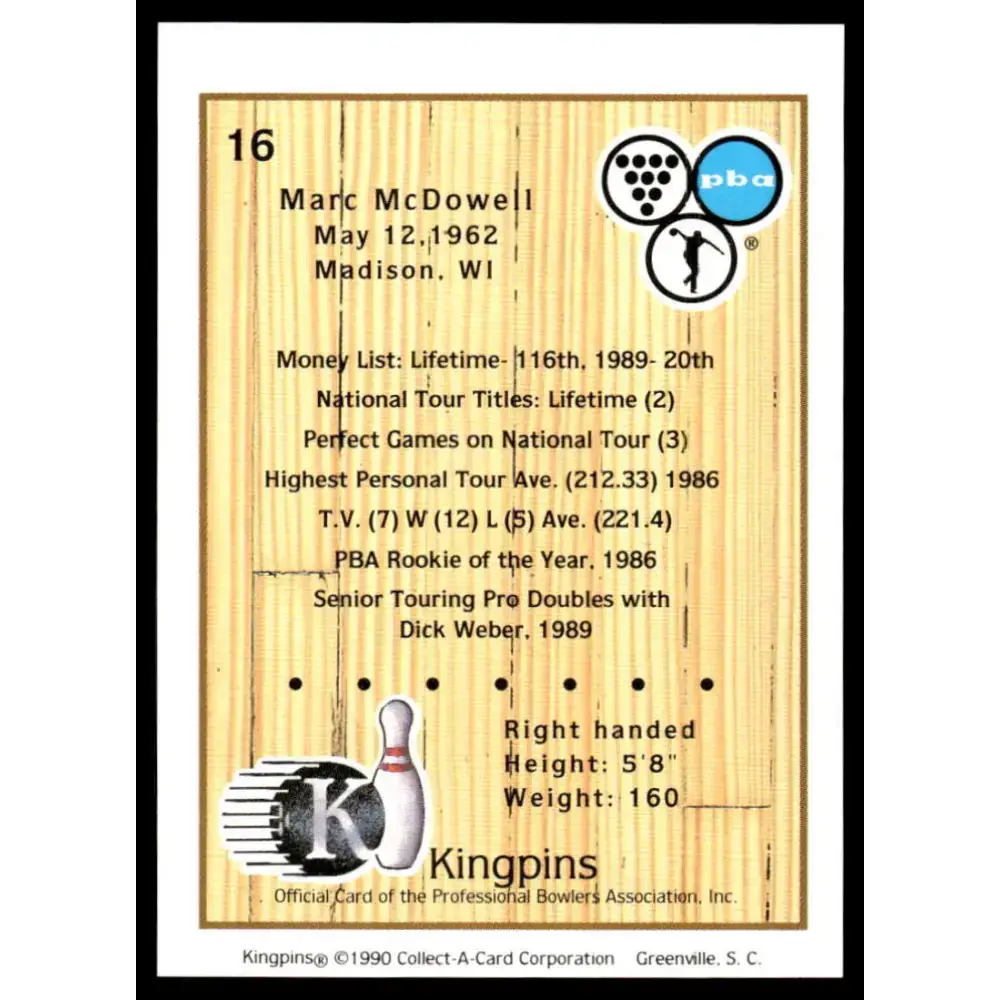 1990 Kingpins #16 Marc McDowell NM-MT PBA Bowling Card - Other