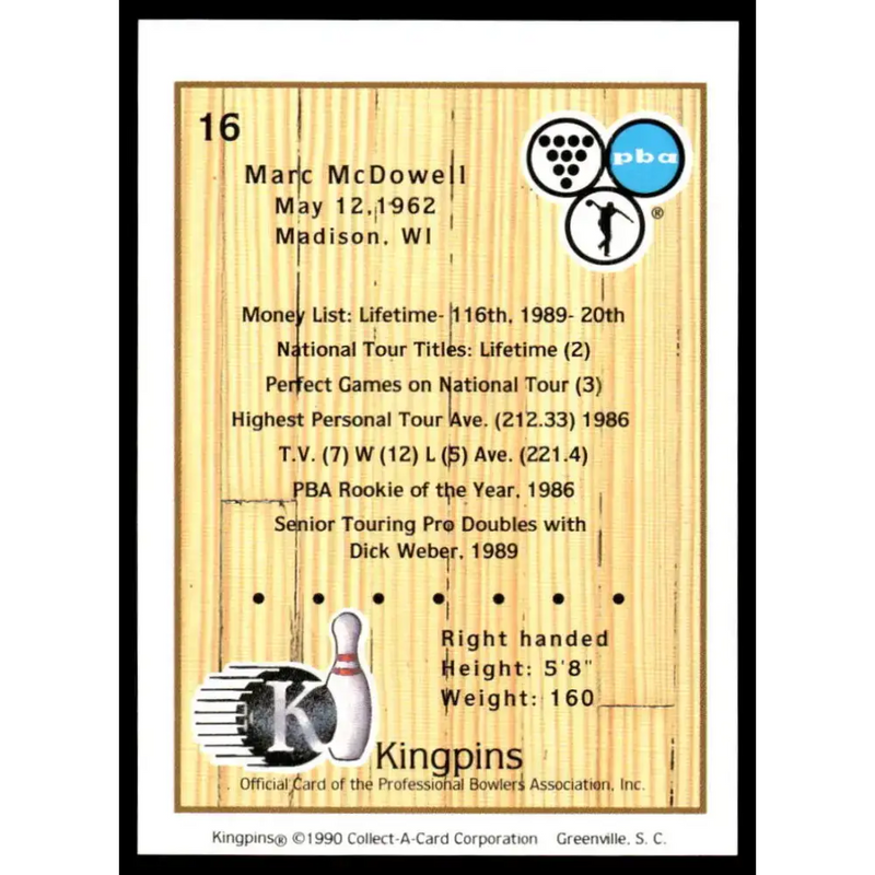 1990 Kingpins #16 Marc McDowell NM-MT PBA Bowling Card - Other