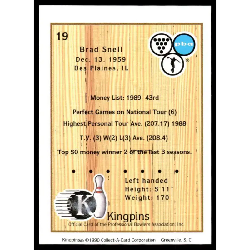 1990 Kingpins #19 Brad Snell NM-MT PBA Bowling Card - Other