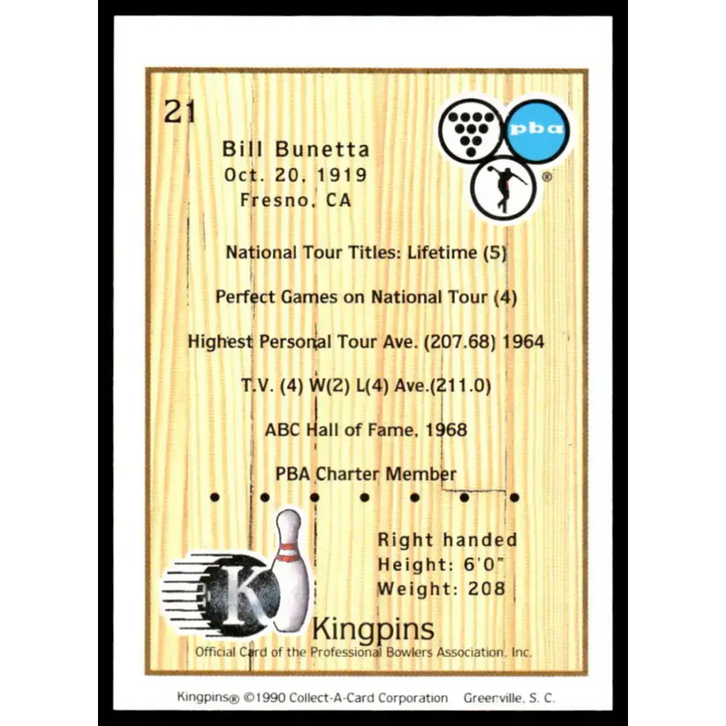 1990 Kingpins #21 Bill Bunetta NM-MT PBA Bowling Card - Other