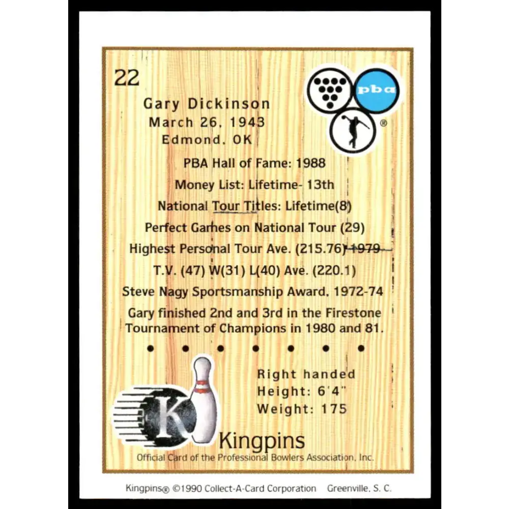 1990 Kingpins #22 Gary Dickinson NM-MT PBA Bowling Card - Non-Sports Card Single