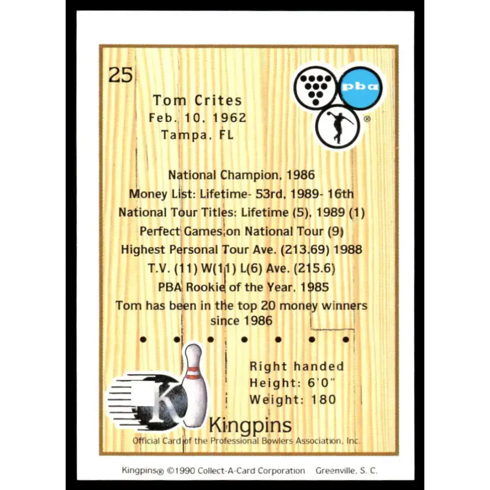 1990 Kingpins #25 Tom Crites NM-MT PBA Bowling Card - Sports Memorabilia