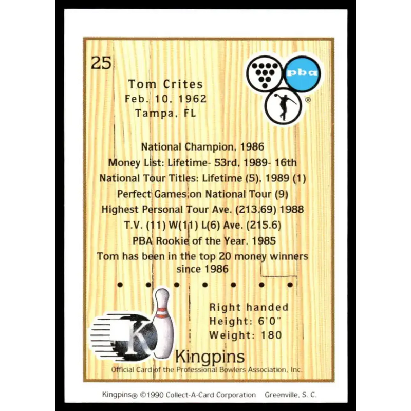 1990 Kingpins #25 Tom Crites NM-MT PBA Bowling Card - Sports Memorabilia