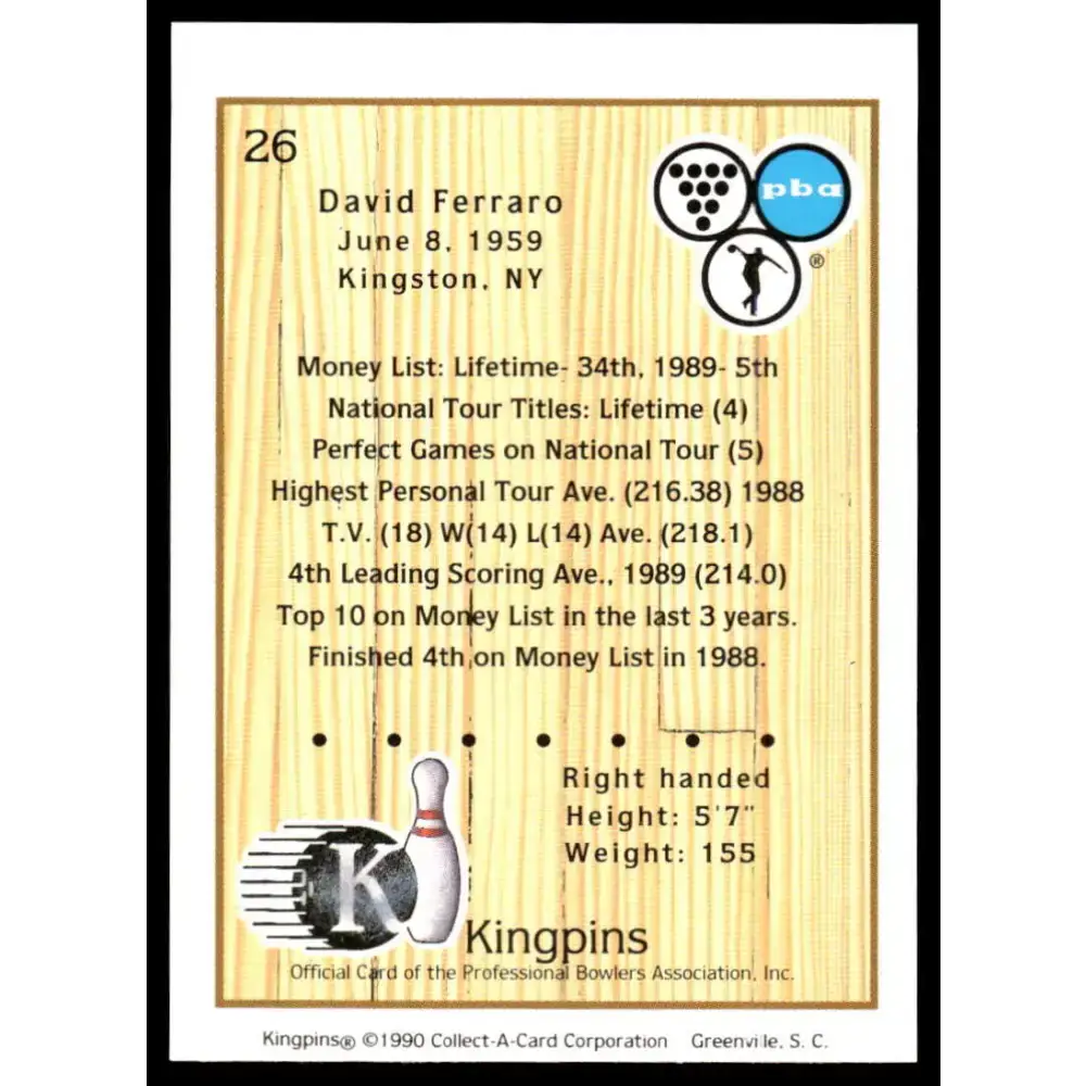 1990 Kingpins #26 David Ferraro NM-MT PBA Bowling Card - Other
