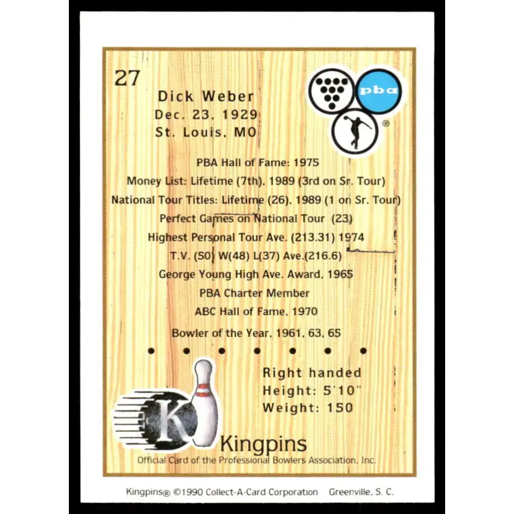 1990 Kingpins #27 Dick Weber NM-MT PBA Bowling Card - Other