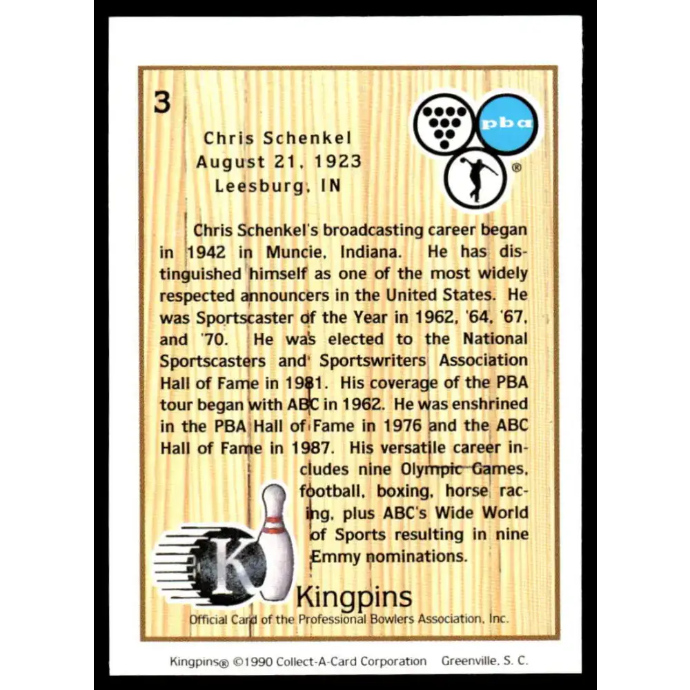 1990 Kingpins #3 Chris Schenkel NM-MT PBA Bowling Card - Other