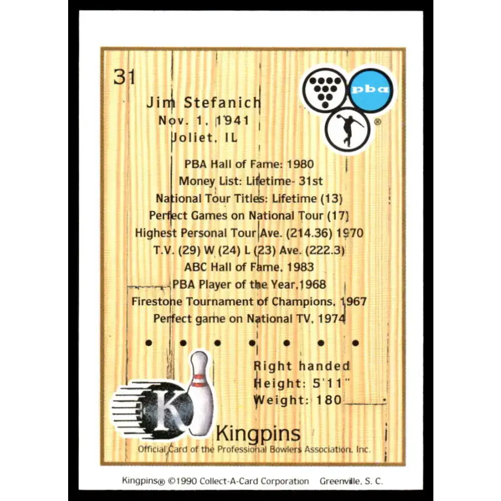 1990 Kingpins #31 Jim Stefanich NM-MT PBA Bowling Card - Other