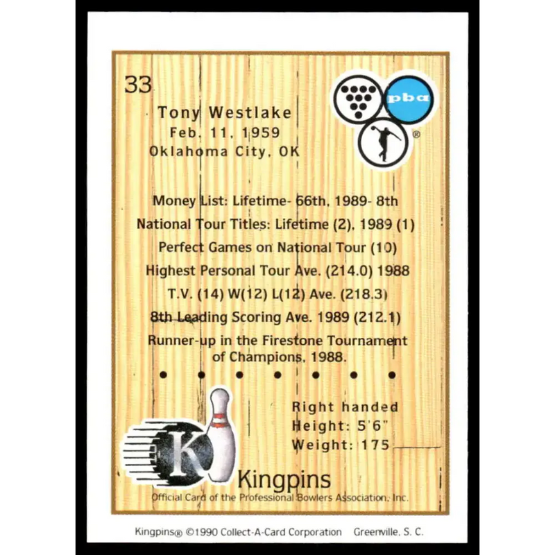1990 Kingpins #33 Tony Westlake NM-MT PBA Bowling Card - Other