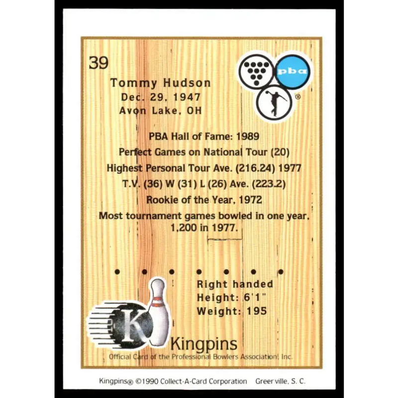 1990 Kingpins #39 Tommy Hudson NM-MT PBA Bowling Card - Other
