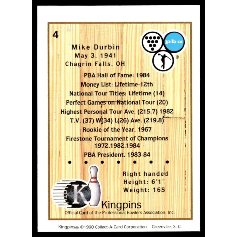1990 Kingpins #4 Mike Durbin NM-MT PBA Bowling Card - Other