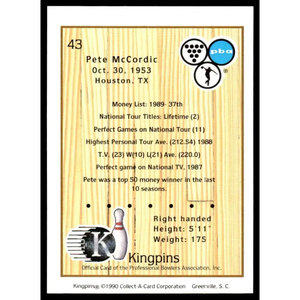 1990 Kingpins #43 Pete McCordic NM-MT PBA Bowling Card - Other