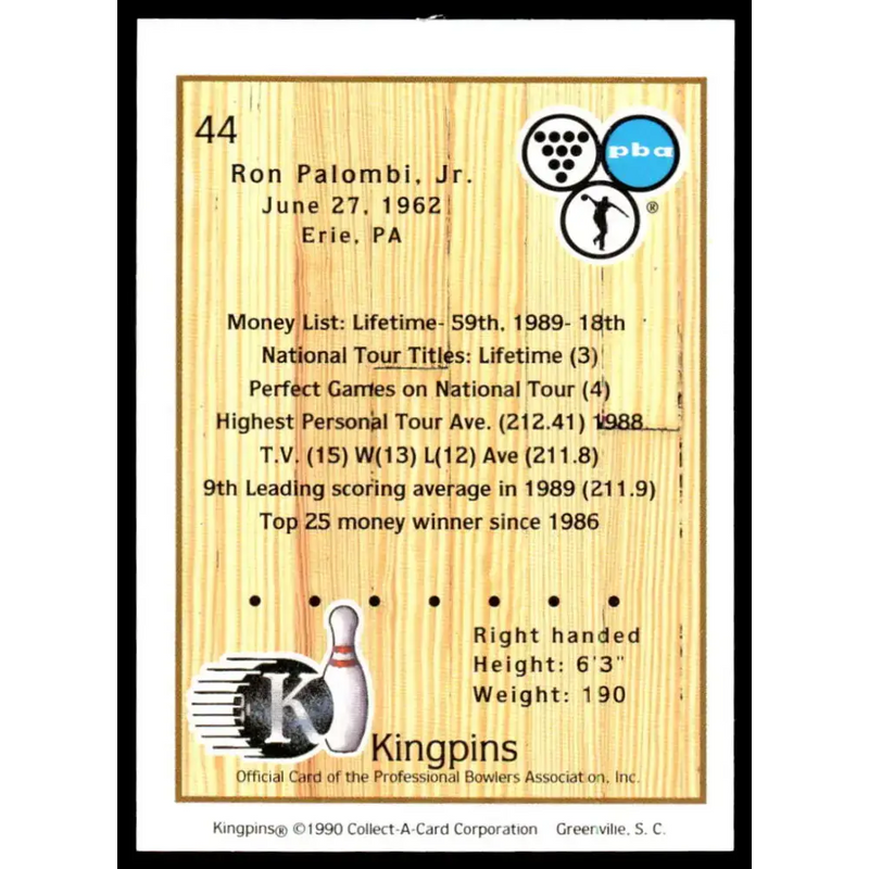 1990 Kingpins #44 Ron Palombi Jr. NM-MT PBA Bowling Card - Bowling Card Single