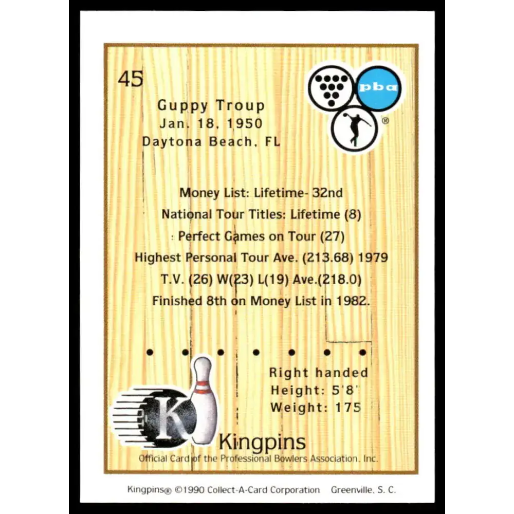 1990 Kingpins #45 Guppy Troup NM-MT PBA Bowling Card - Other