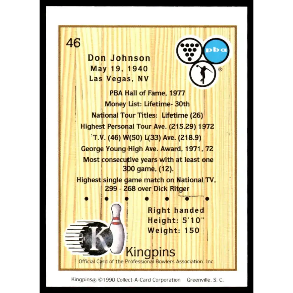 1990 Kingpins #46 Don Johnson NM-MT PBA Bowling Card - Other