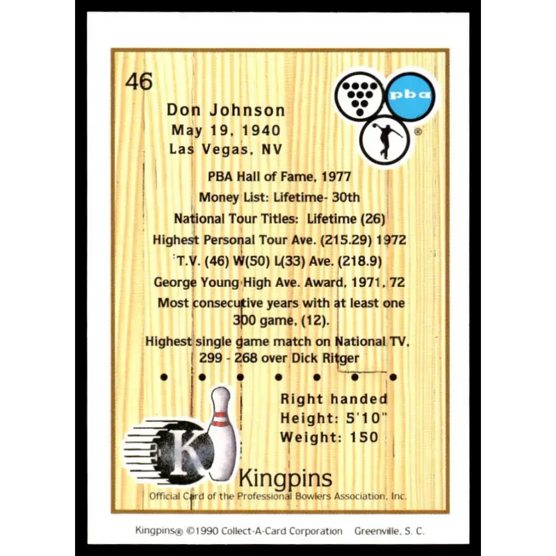 1990 Kingpins #46 Don Johnson NM-MT PBA Bowling Card - Other