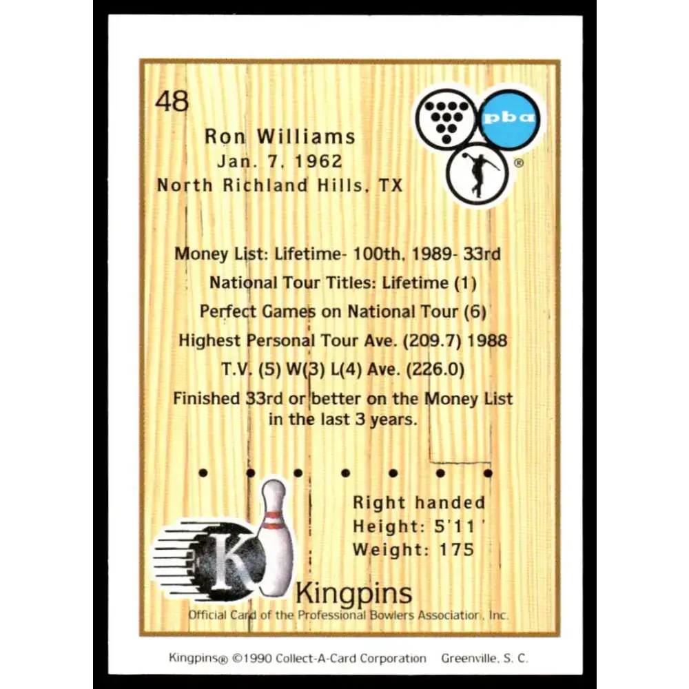 1990 Kingpins #48 Ron Williams NM-MT PBA Bowling Card - Other