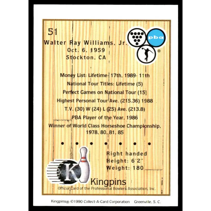 1990 Kingpins #51 Walter Ray Williams Jr. NM-MT PBA Bowling Card - Other