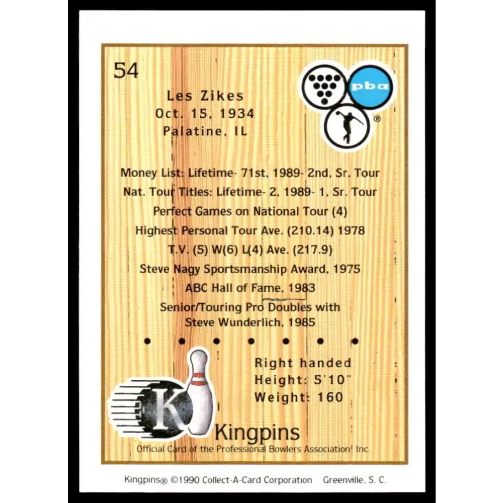 1990 Kingpins #54 Les Zikes NM-MT PBA Bowling Card - Other