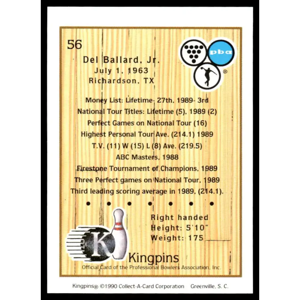 1990 Kingpins #56 Del Ballard Jr. NM-MT PBA Bowling Card - Sports Memorabilia