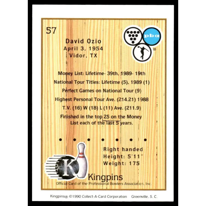 1990 Kingpins #57 David Ozio NM-MT PBA Bowling Card - Other