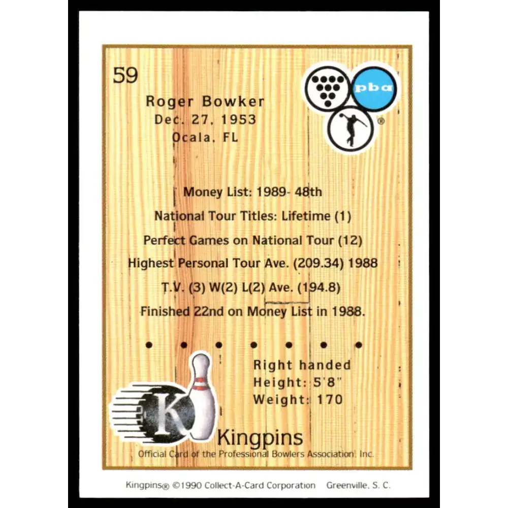 1990 Kingpins #59 Roger Bowker NM-MT PBA Bowling Card - Other