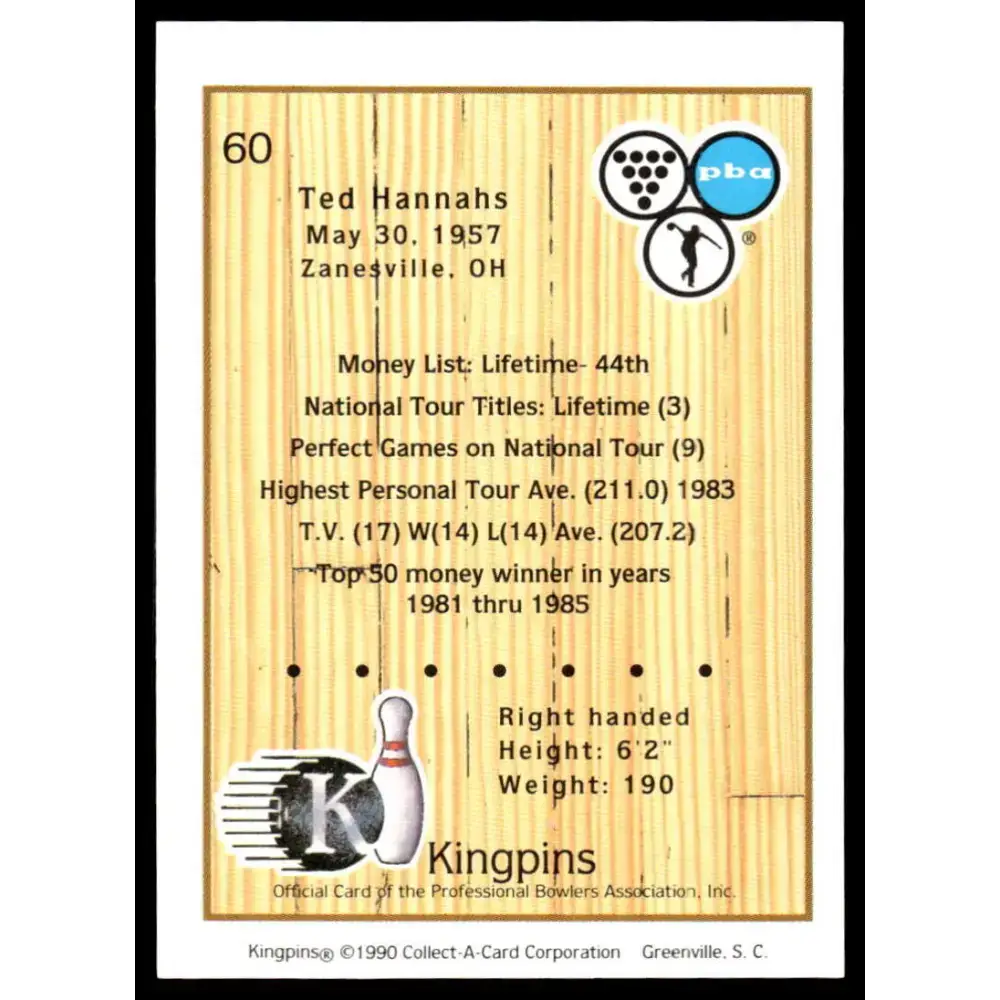 1990 Kingpins #60 Ted Hannahs NM-MT PBA Bowling Card - Other