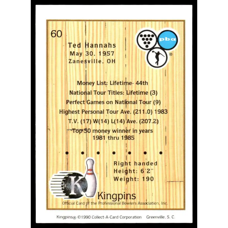 1990 Kingpins #60 Ted Hannahs NM-MT PBA Bowling Card - Other
