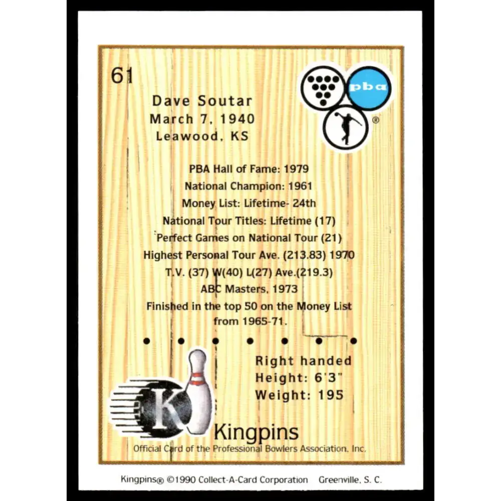 1990 Kingpins #61 Dave Soutar NM-MT PBA Bowling Card - Other