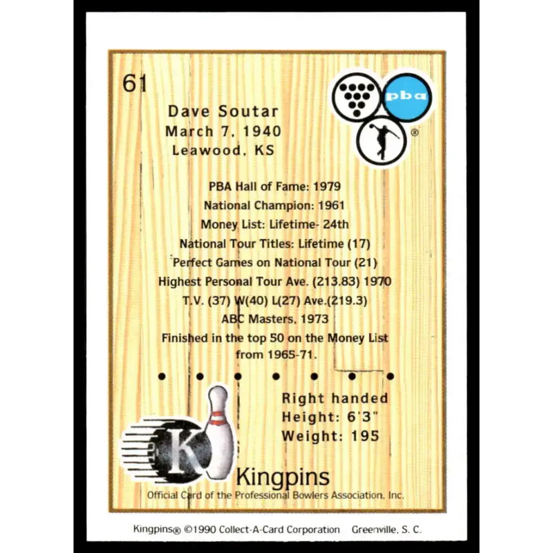 1990 Kingpins #61 Dave Soutar NM-MT PBA Bowling Card - Other