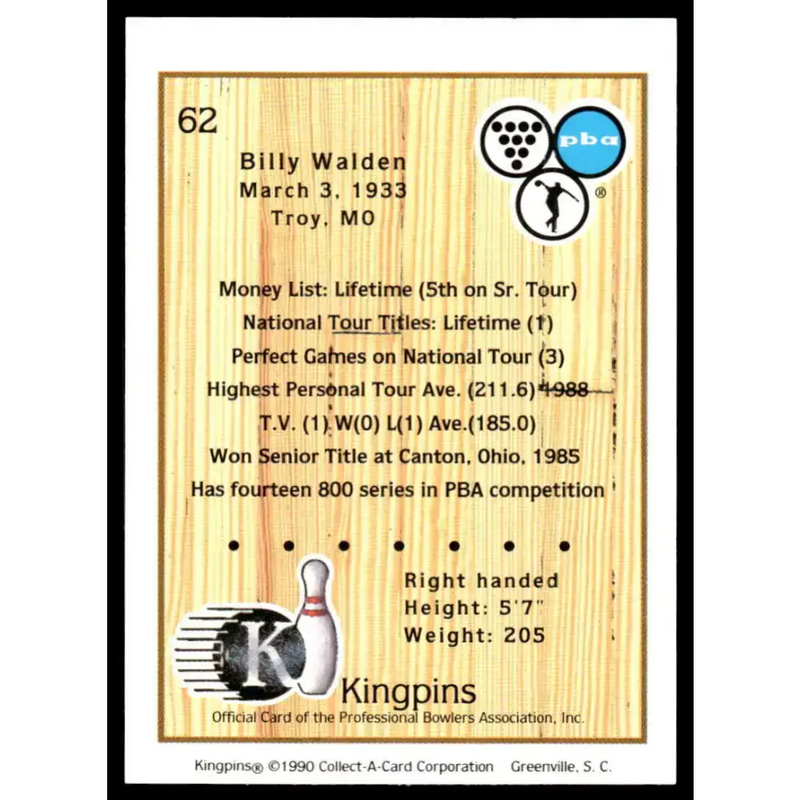 1990 Kingpins #62 Billy Walden NM-MT PBA Bowling Card - Other