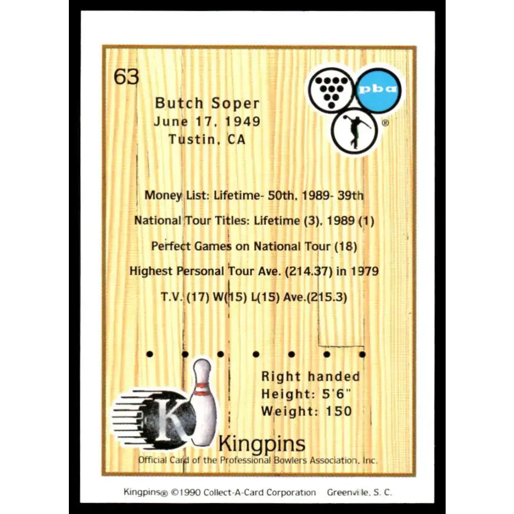 1990 Kingpins #63 Butch Soper NM-MT PBA Bowling Card - Other