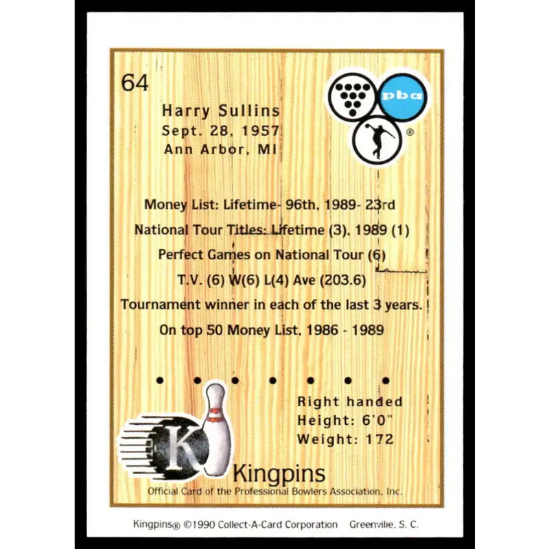 1990 Kingpins #64 Harry Sullins NM-MT PBA Bowling Card - Other