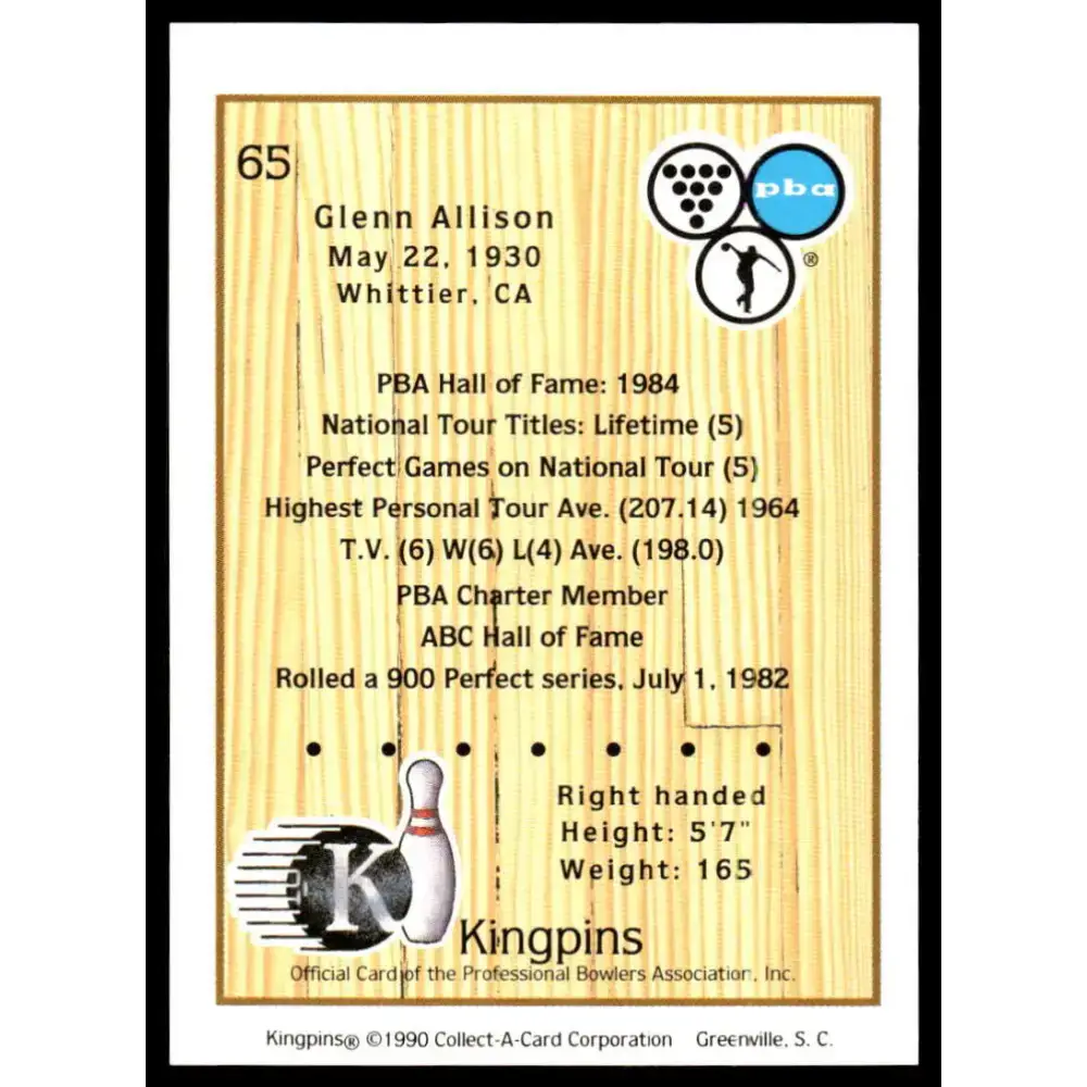 1990 Kingpins #65 Glenn Allison NM-MT PBA Bowling Card - Other