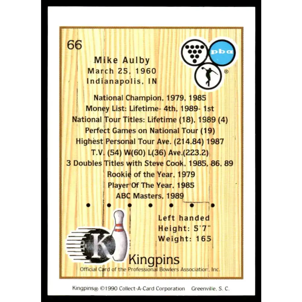 1990 Kingpins #66 Mike Aulby NM-MT PBA Bowling Card - Other
