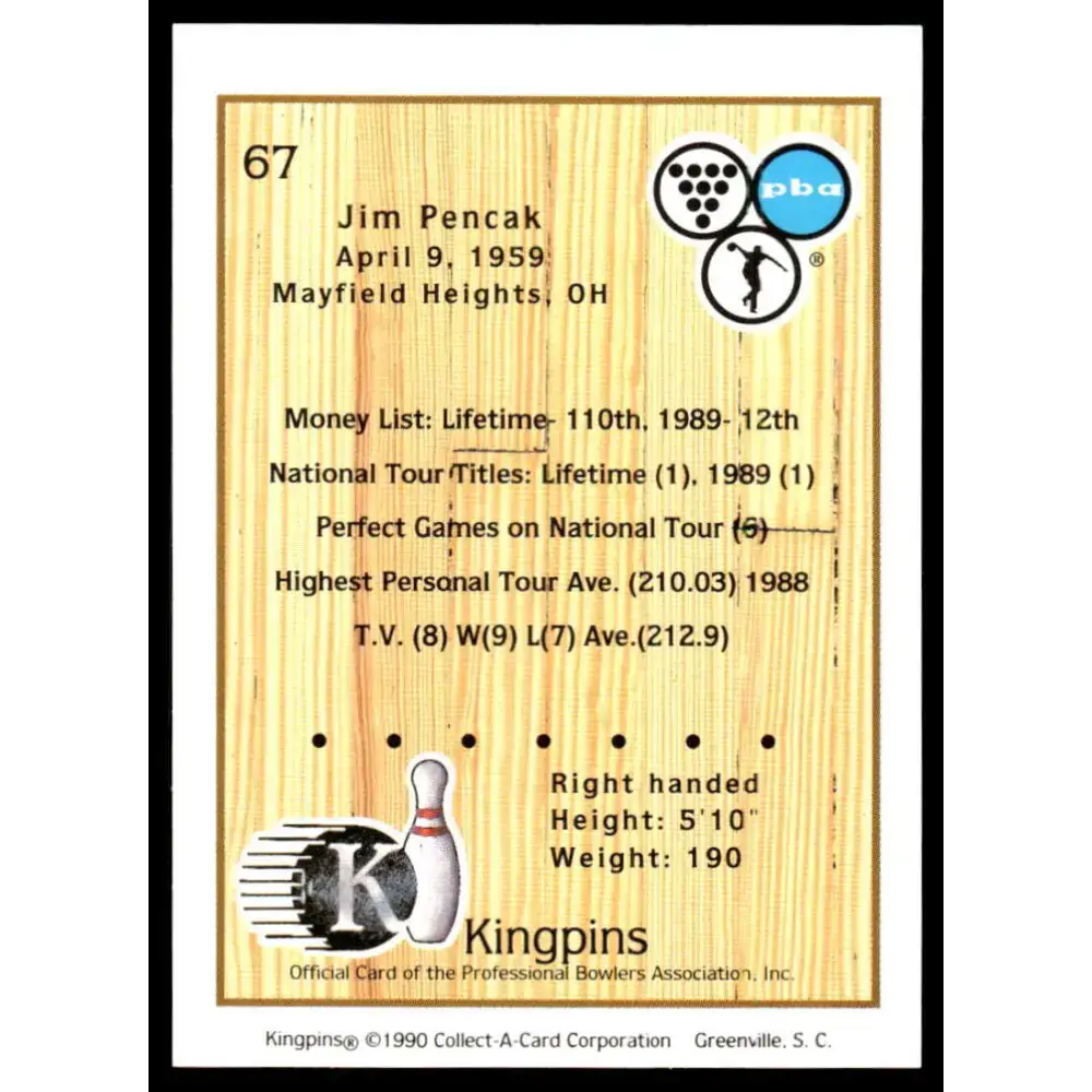 1990 Kingpins #67 Jim Pencak NM-MT PBA Bowling Card - Other