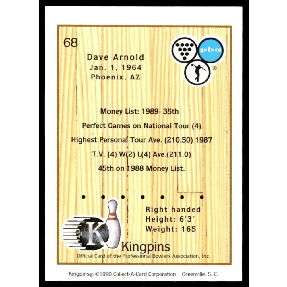 1990 Kingpins #68 Dave Arnold NM-MT PBA Bowling Card - Other