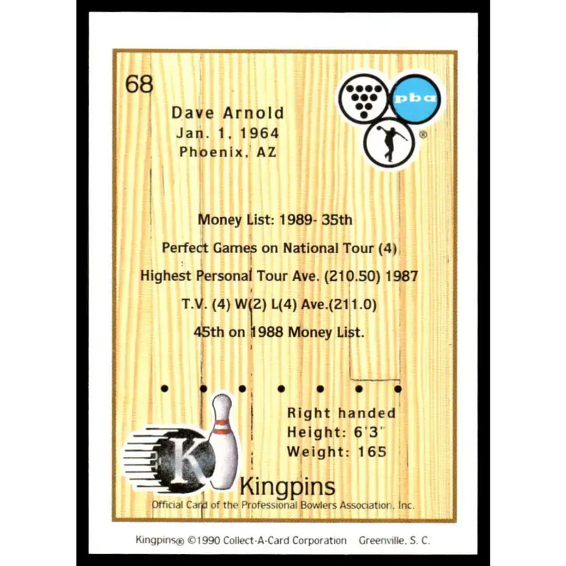 1990 Kingpins #68 Dave Arnold NM-MT PBA Bowling Card - Other