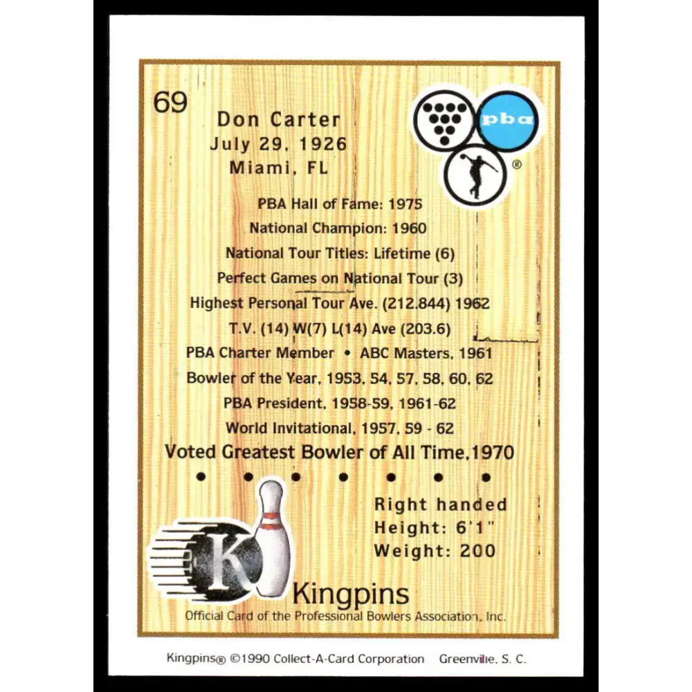 1990 Kingpins #69 Don Carter NM-MT PBA Bowling Card - Other