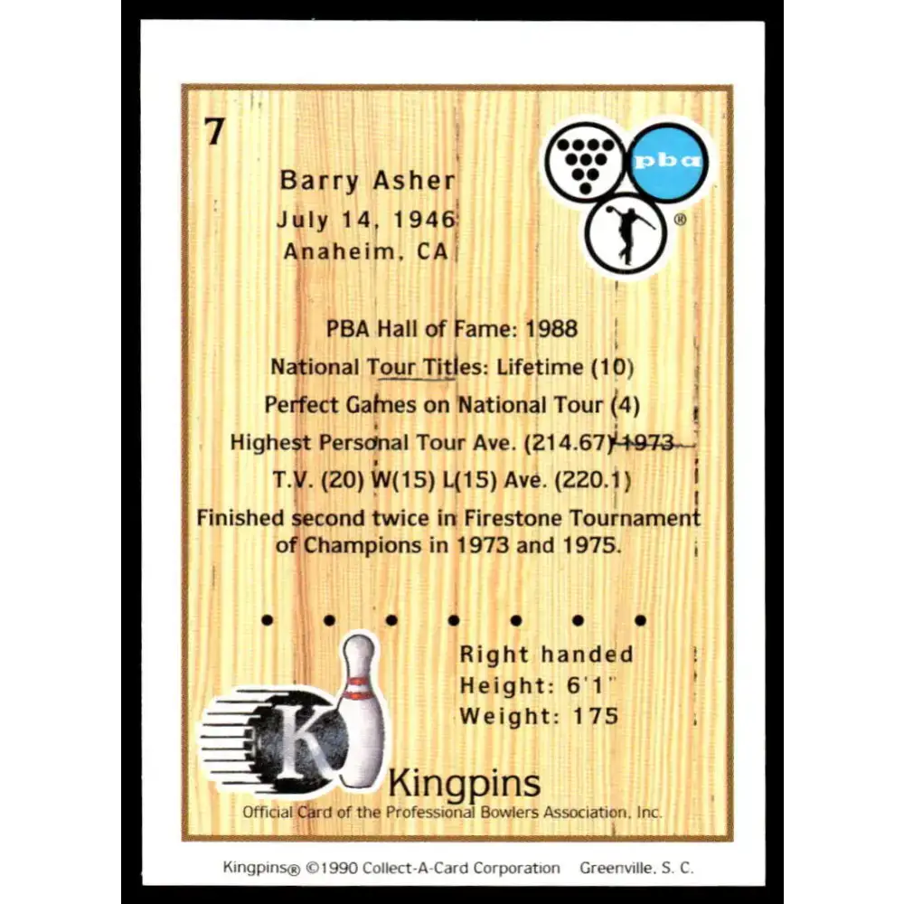 1990 Kingpins #7 Barry Asher NM-MT PBA Bowling Card - Other