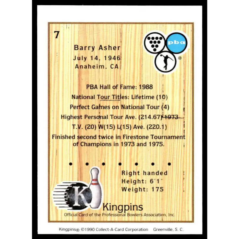 1990 Kingpins #7 Barry Asher NM-MT PBA Bowling Card - Other