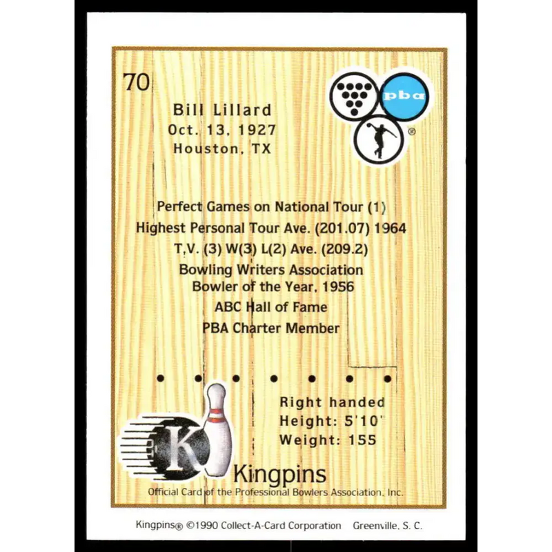 1990 Kingpins #70 Bill Lillard NM-MT PBA Bowling Card - Bowling Card Single