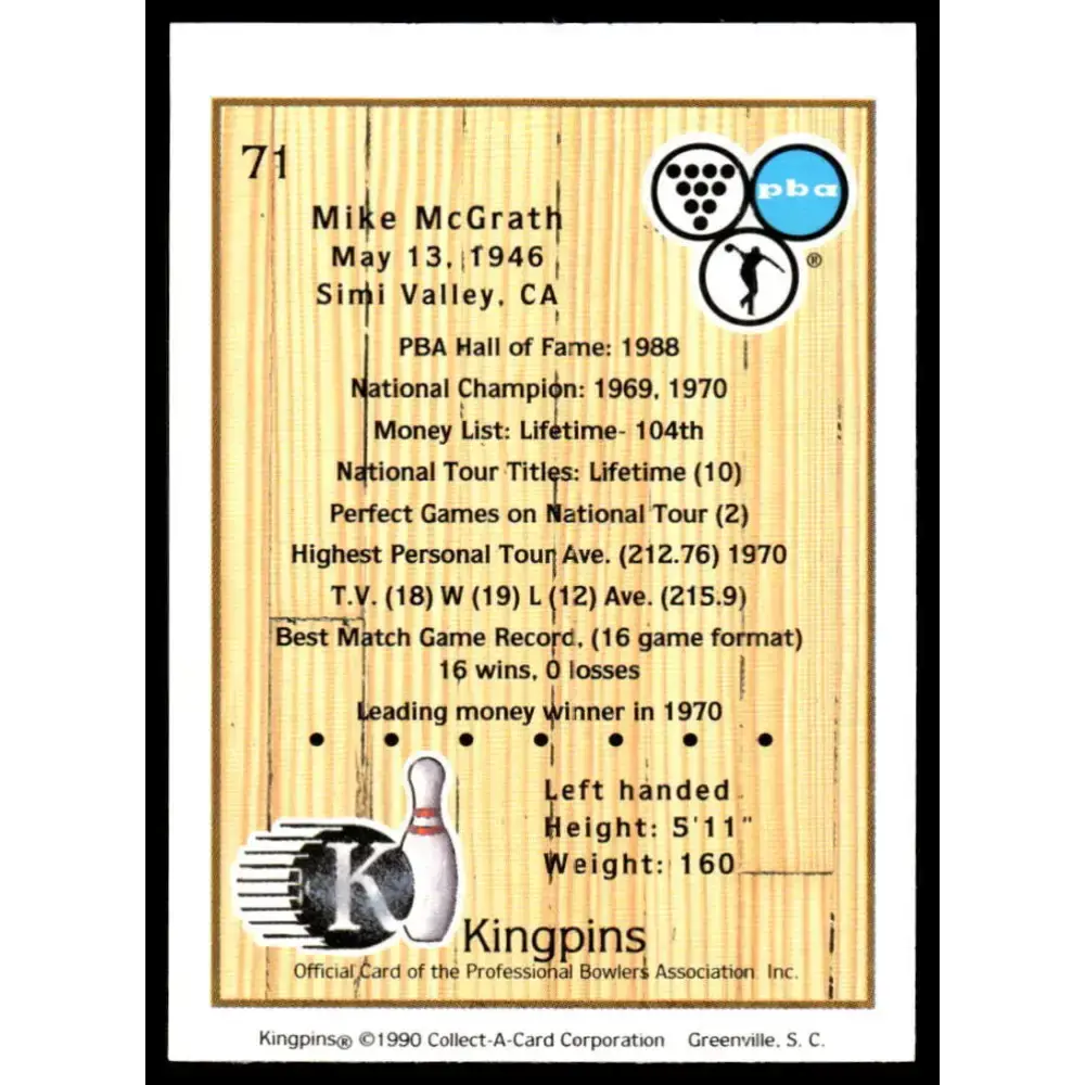 1990 Kingpins #72 Art Trask NM-MT PBA Bowling Card - Other