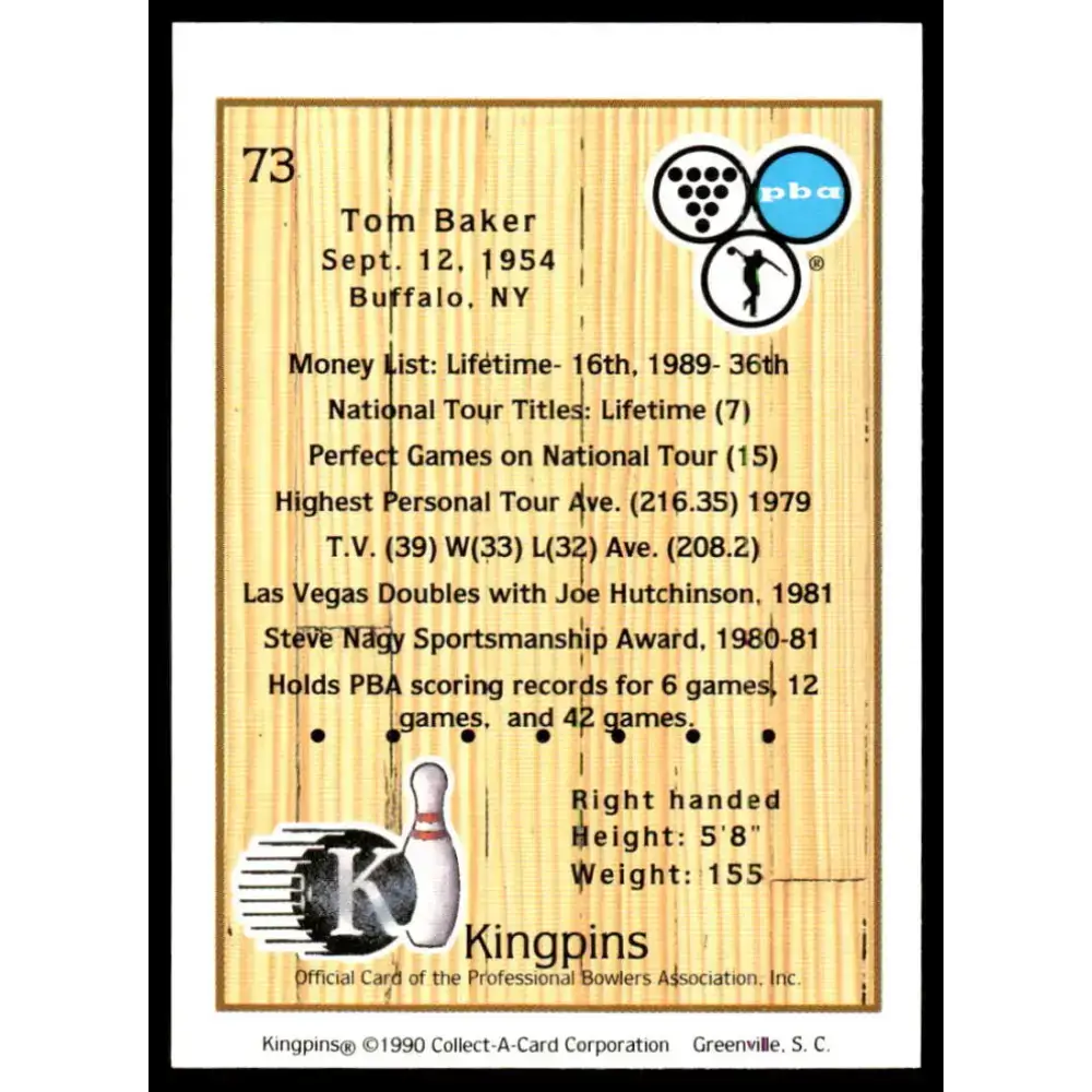 1990 Kingpins #73 Tom Baker NM-MT PBA Bowling Card - Other