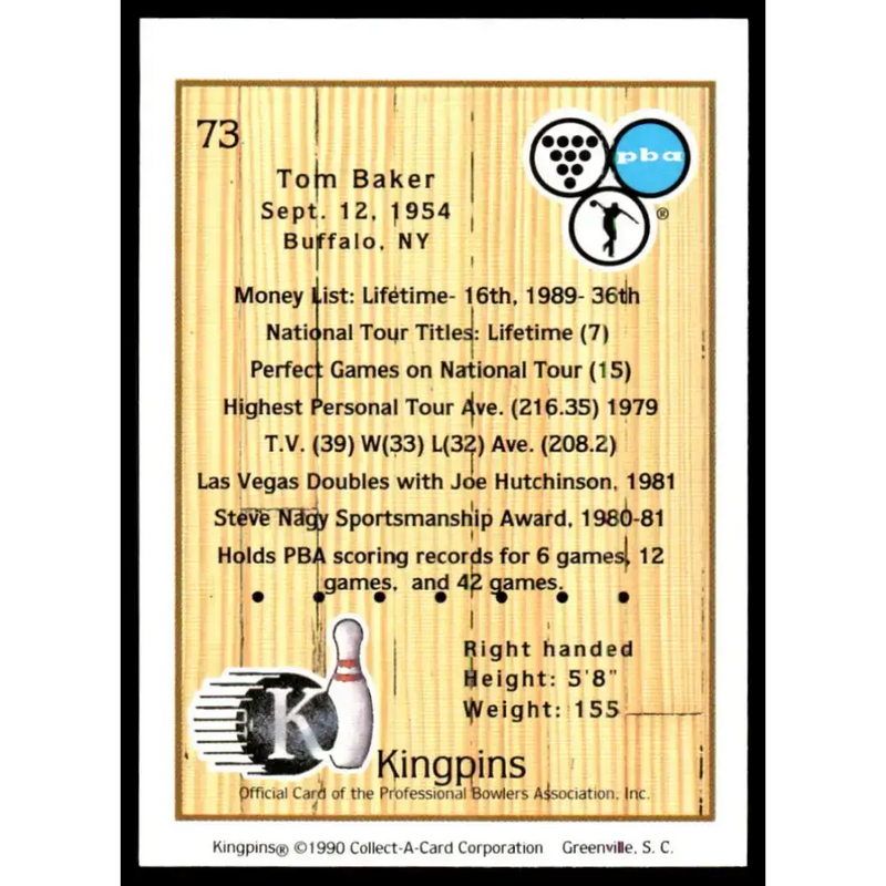 1990 Kingpins #73 Tom Baker NM-MT PBA Bowling Card - Other