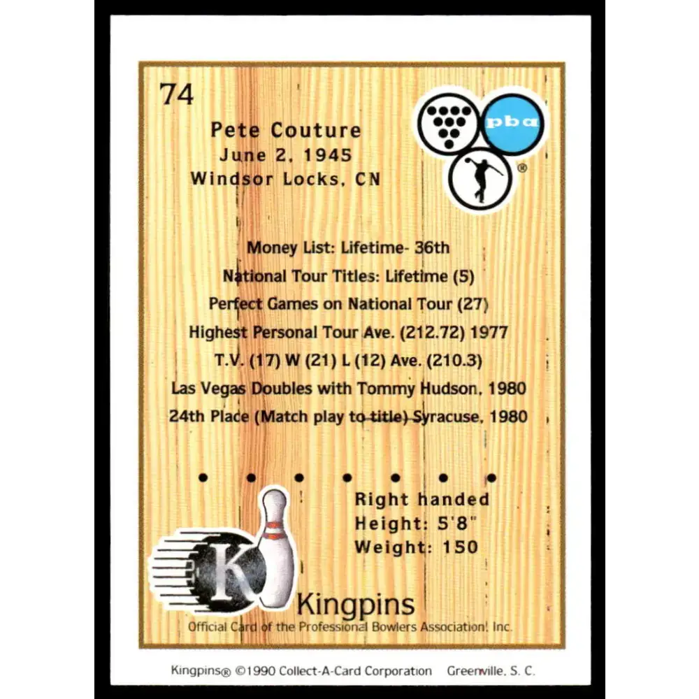 1990 Kingpins #74 Pete Couture NM-MT PBA Bowling Card - Other