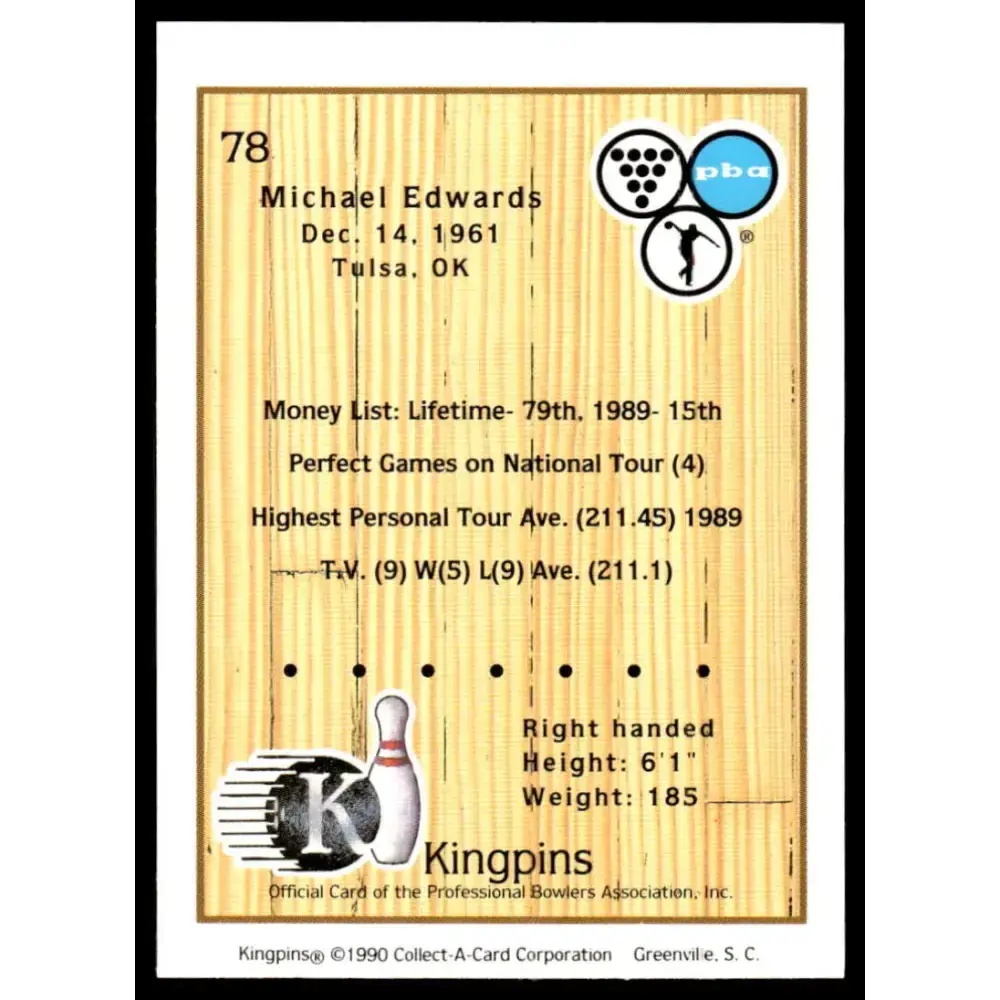 1990 Kingpins #78 Michael Edwards NM-MT PBA Bowling Card - Other