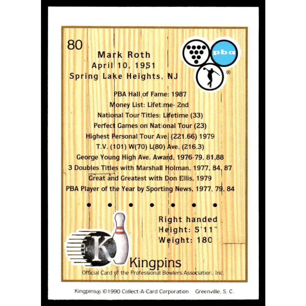 1990 Kingpins #80 Mark Roth NM-MT PBA Bowling Card - Other