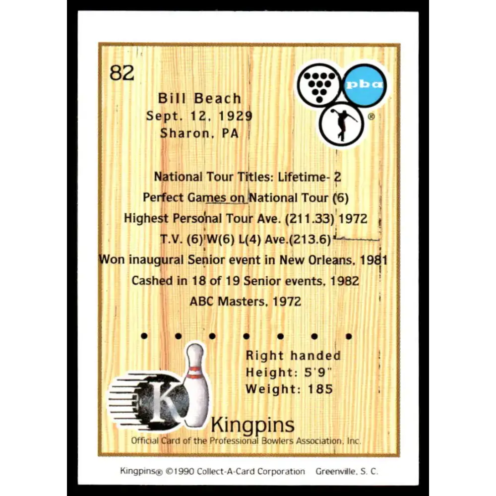 1990 Kingpins #82 Bill Beach NM-MT PBA Bowling Card - Other